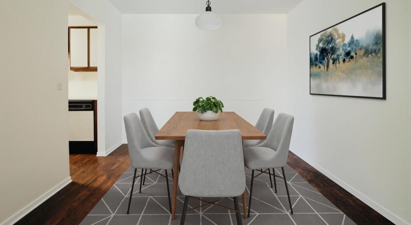 a dining room table with chairs